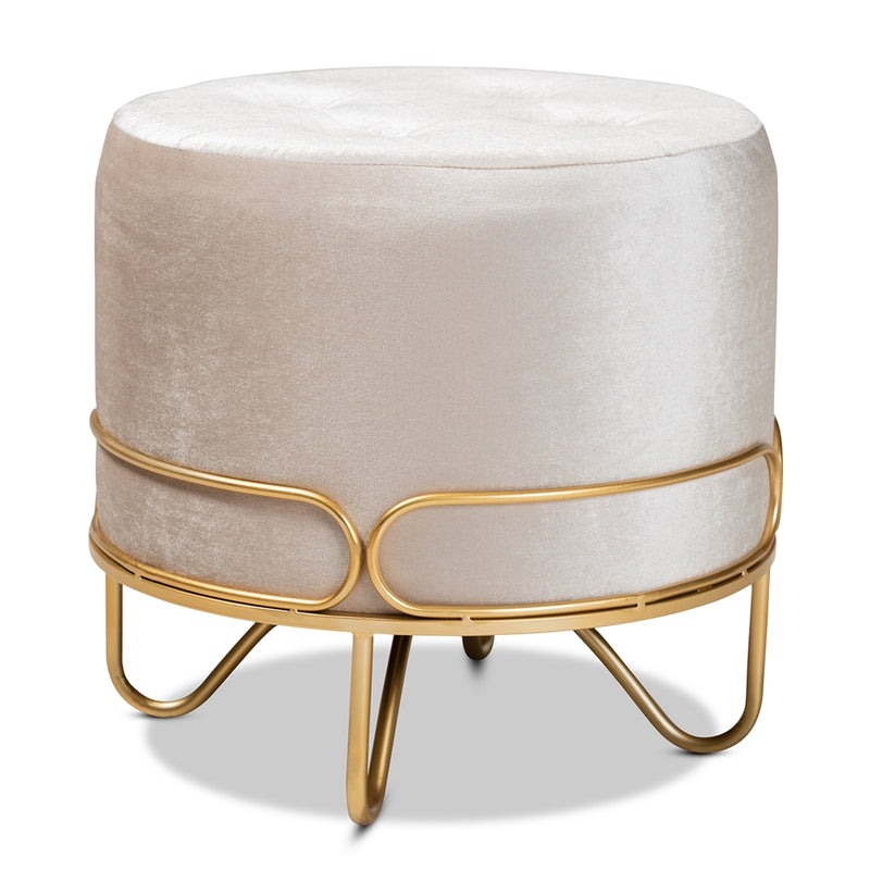 LUXE BEIGE VELVET FABRIC UPHOLSTERED GOLD FINISHED METAL OTTOMAN
