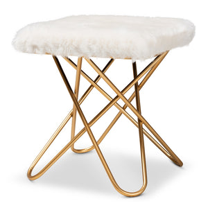 Studio Valle Glam and Luxe White Faux Fur Upholstered Gold Finished Metal Ottoman