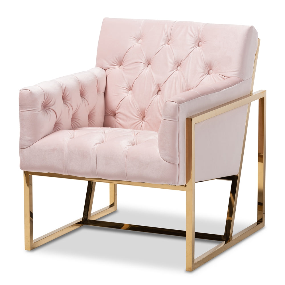 Light Pink Studio Plush Velvet Upholstered Gold-Finished Lounge Chair