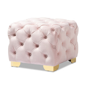 Cubed Glam and Luxe Velvet Fabric Upholstered Gold Finished Button Tufted Ottoman