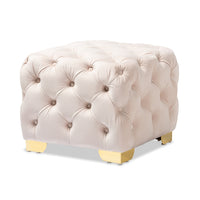 Cubed Glam and Luxe Velvet Fabric Upholstered Gold Finished Button Tufted Ottoman