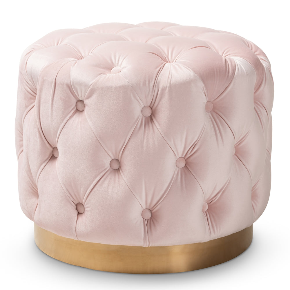 Light Pink Velvet Upholstered Button Tufted Ottoman