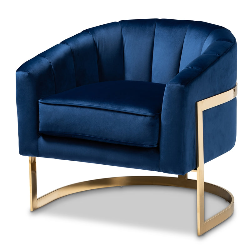 Indigo Velvet Barrel Upholstered Gold-Finish Lounge Chair