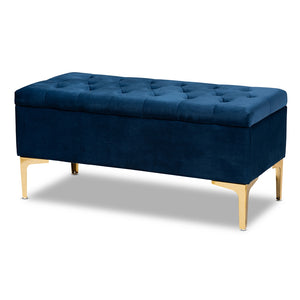 Studio Valere Glam and Luxe Navy Blue Velvet Fabric Upholstered Gold Finished Button Tufted Storage Ottoman