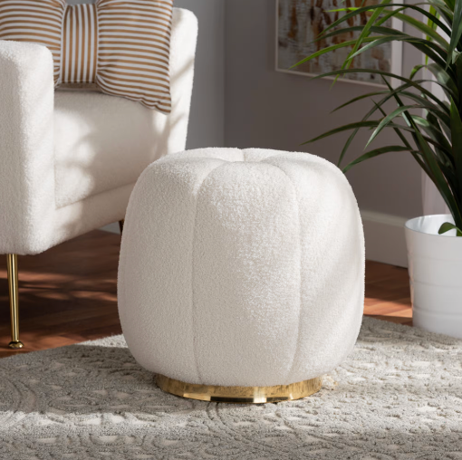 Modern and Contemporary Ivory Boucle Upholstered and Gold Metal Ottoman