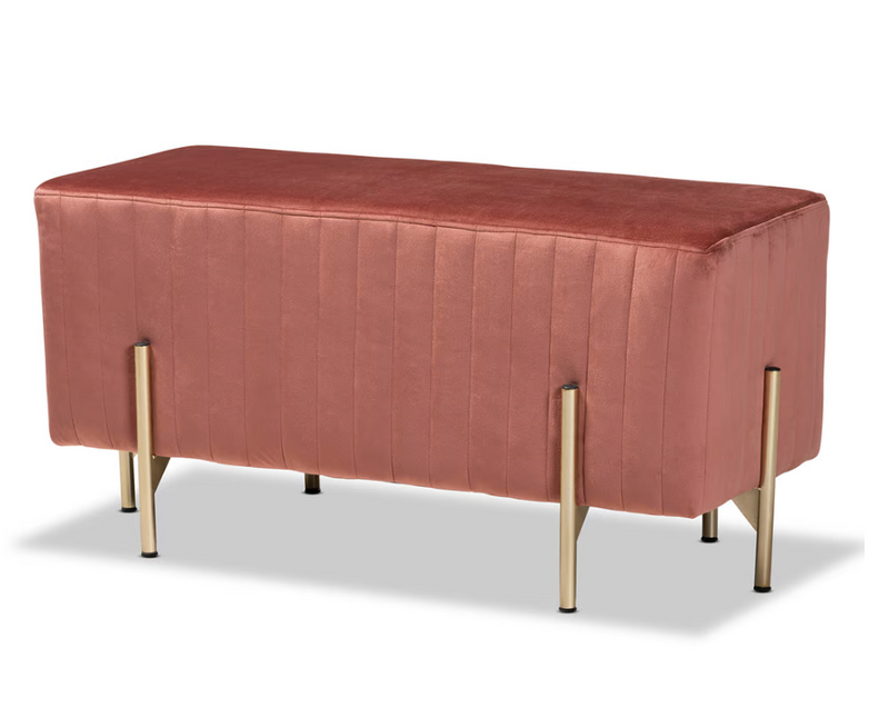 CONTEMPORARY GLAM AND LUXE FABRIC UPHOLSTERED AND GOLD METAL BENCH OTTOMAN