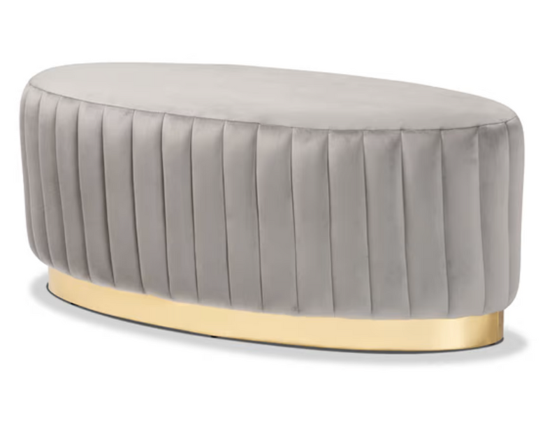 GLAM AND LUXE VELVET FABRIC UPHOLSTERED AND GOLD OTTOMAN