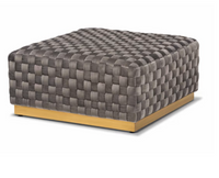 LUXE AND GLAM GREY VELVET FABRIC UPHOLSTERED AND GOLD FINISHED SQUARE COCKTAIL OTTOMAN
