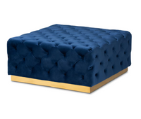 GLAM AND LUXE VELVET FABRIC UPHOLSTERED GOLD FINISHED SQUARE COCKTAIL OTTOMAN