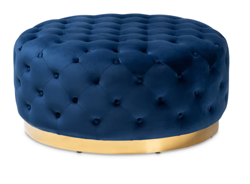 GLAM AND LUXE VELVET FABRIC UPHOLSTERED GOLD FINISHED ROUND COCKTAIL OTTOMAN