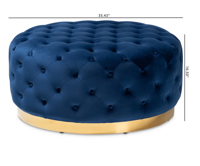 GLAM AND LUXE VELVET FABRIC UPHOLSTERED GOLD FINISHED ROUND COCKTAIL OTTOMAN
